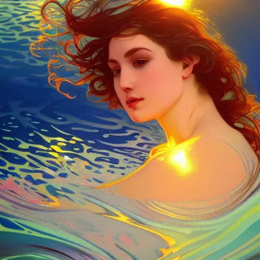 Prompt: fantastically psychedelic ocean wave, vivid water, gorgeous ripples, backlit, sunset, refracted lighting, outdoors, elegant, highly detailed, lifelike, photorealistic, digital painting, artstation, illustration, smooth, sharp focus, art by collier, krenz cushart, alphonse mucha