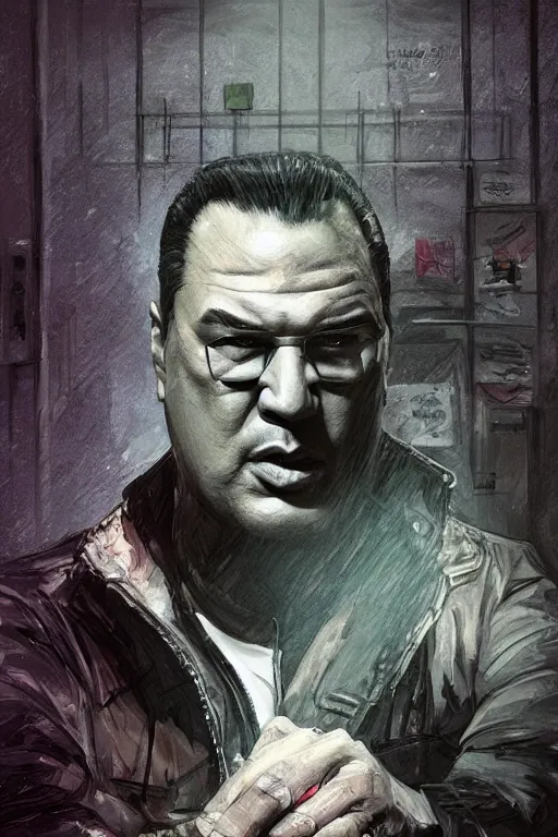 Image similar to sad steven seagal full body portrait in jail cell, cell bars, cell bars, cell bars, cell bars, cell bars, cell bars, intricate, highly detailed, digital painting, artstation, concept art, smooth, sharp focus, illustration, whimsical background by marc simonetti, artwork by liam wong