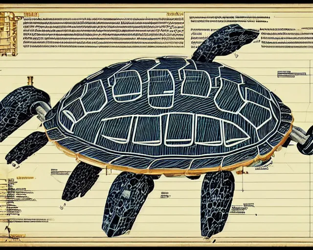 Image similar to a full page of a mechanical blueprint showing a design for a mechanized turtle from howl's moving castle ( 2 0 0 4 ), with a big head, muted colors, post grunge, studio ghibli, hq,