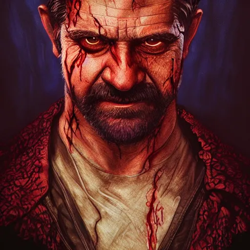 Image similar to portrait of Mel Gibson as a Stranger Things villain, bloody, sinister, intricate, headshot, highly detailed, digital painting, artstation, concept art, sharp focus, illustration, art by artgerm and greg rutkowski and alphonse mucha