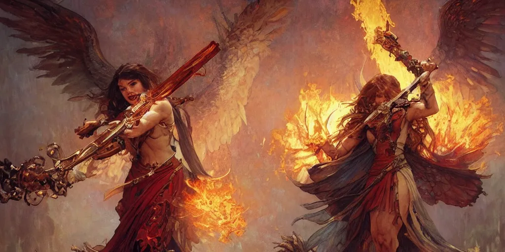 Image similar to a terrifyingly beautiful angel wielding a flaming sword, by Stanley Artgerm Lau , greg rutkowski, thomas kindkade, alphonse mucha, loish, norman Rockwell