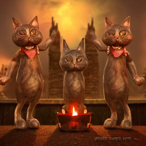 Image similar to a magical 3 headed cat guarding the gates of hell, cinematic, award winning cg render