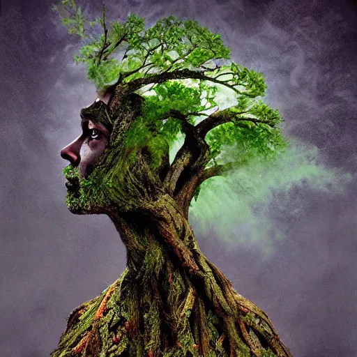 Image similar to a man in a green jacket with a tree on top of his head, a surrealist sculpture by kim keever, behance, pop surrealism, surrealist, dystopian art, whimsical