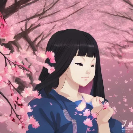 Prompt: portrait of an asian girl with a kitsune mask surrounded by cherry blossoms in the style of makoto shinkai and artgerm and loish, dynamic lighting,