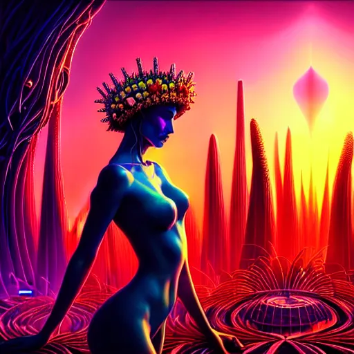 Image similar to Beautiful 3d render of the flower queen in a sensual pose, in the style of Dan Mumford and Johfra Bosschart, with a crowded futuristic cyberpunk city in the background, astrophotgraphy