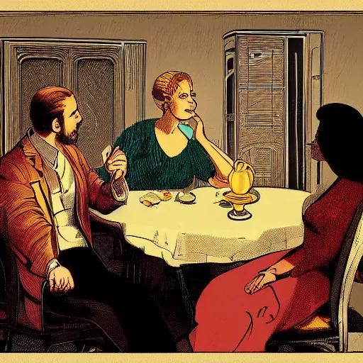 Prompt: The digital art depicts two people, a man and a woman, sitting at a table. The man is looking at the woman with a facial expression that indicates he is interested in her. The woman is looking at the man with a facial expression that indicates she is not interested in him. There is a lamp on the table between them. cell shading, goldenrod by Peter Kemp, by Alex Prager loose