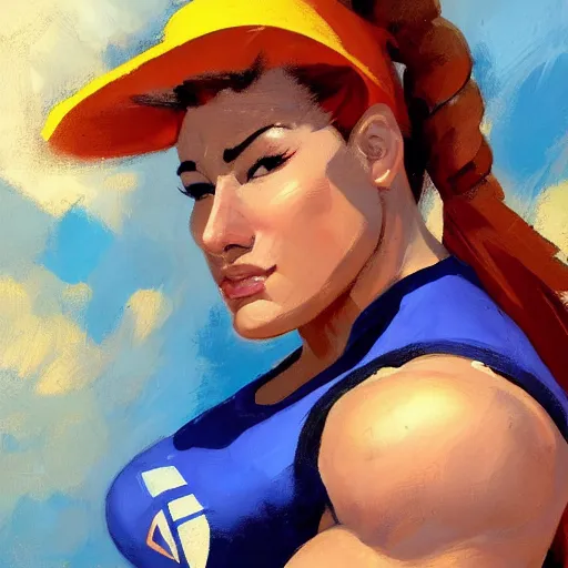 Image similar to greg manchess portrait of thick muscular weightlifter zarya from overwatch with ponytail wearing beach hat, medium shot, asymmetrical, profile picture, organic painting, sunny day, matte painting, bold shapes, hard edges, street art, trending on artstation, by huang guangjian and gil elvgren and sachin teng