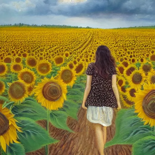 Image similar to a girl slowly walking through amazing tall sunflower field, hair flowing, early morning lightning, bad weather approaching, elegant, subtle, intricate details, real masterpiece, oil on canvas, by somsak anong