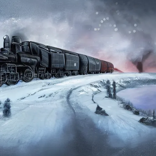 Prompt: an imposing futuristic black steam train and a giant mammoth, post - apocalyptic ice landscape with heavy snow, digital art