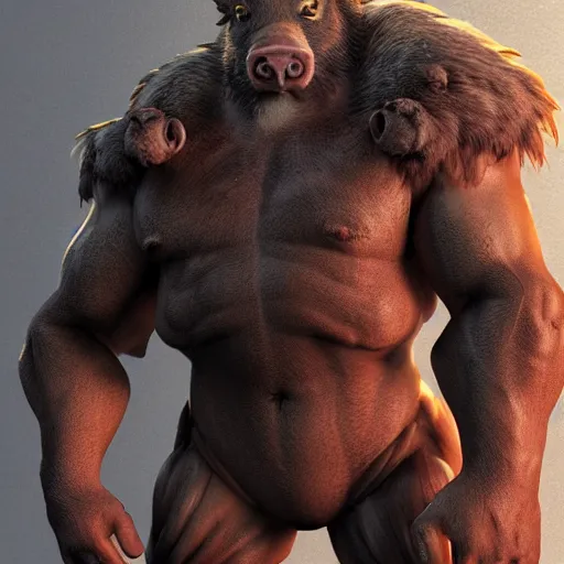 Image similar to boar - man hybrid, body builder body, furry body, hyper detailed, digital art, trending in artstation, cinematic lighting, studio quality, smooth render, unreal engine 5 rendered, octane rendered, art style by klimt and nixeu and ian sprigger and wlop and krenz cushart