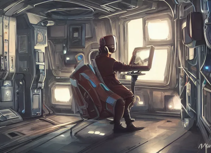 Image similar to a man sitting on a chair with things attached to his head, screens and monitors in front of him playing videos, ship interior, narrow hallway, scifi, dramatic lighting, dark, spotlight, surreal, by magali villeneuve