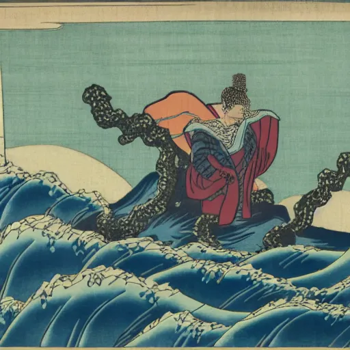 Prompt: hydra emerges from the stormy sea, ukiyo-e print