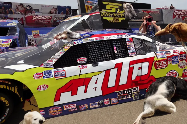 Prompt: vfx movie nascar driver covered in corporate sponsor logos holding up bone for pack of dogs in the u. s. senate. by emmanuel lubezki