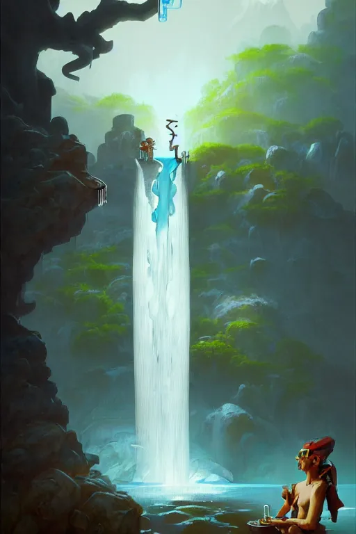 Image similar to water faucet person dnd character with a waterfall behind them by peter mohrbacher, basquiat