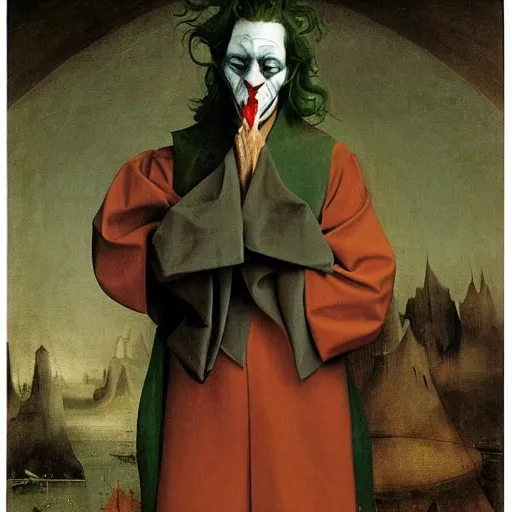 Image similar to portrait of the joker, joker is laughing, drama, chaos matte painting by hieronymus bosch and zidislaw beksinsky