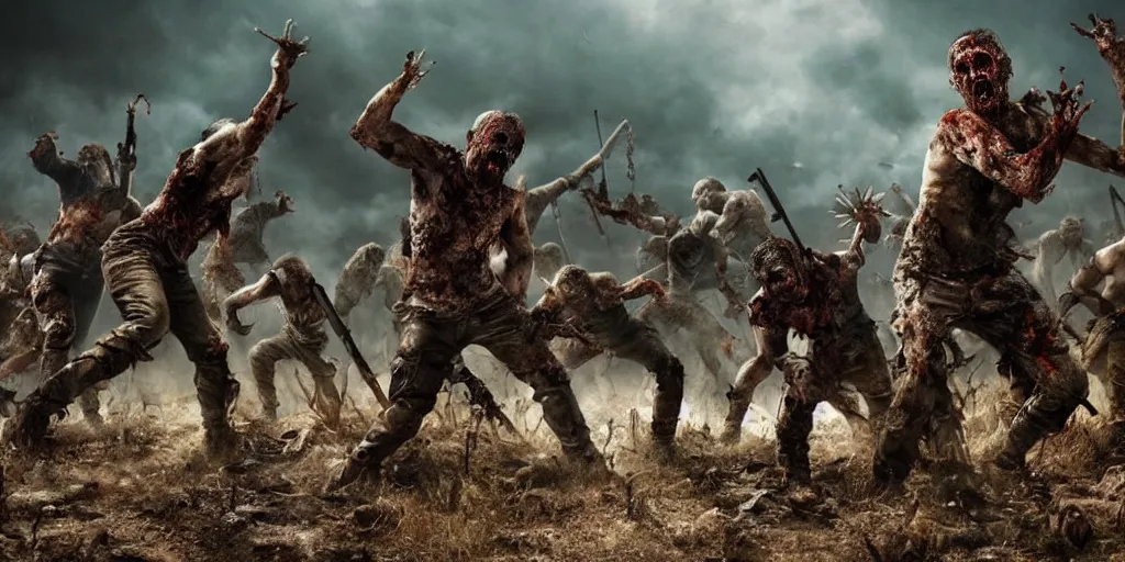 Image similar to epic battle scene of zombies, post-apocalyptic, post-human, Epic Background, highly detailed, sharp focus, 8k, 35mm, cinematic lighting