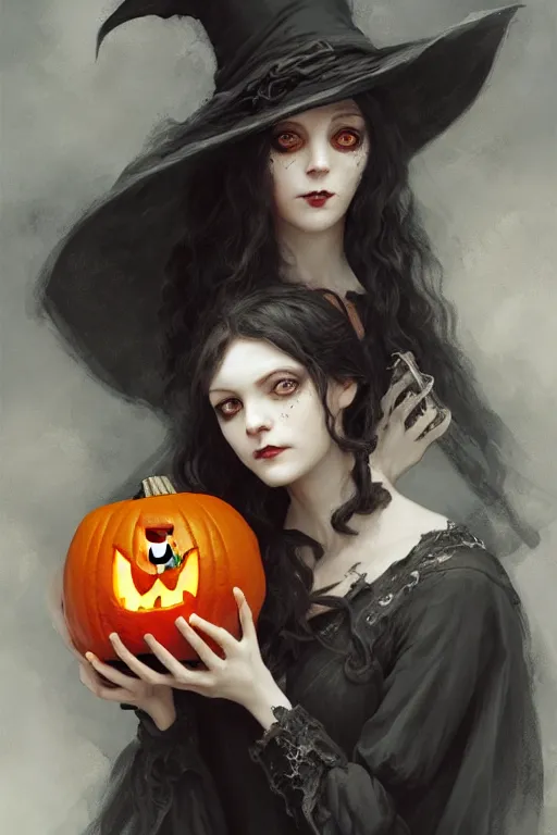 Image similar to portrait of a ghoulish victorian witch holding a jack - o - lantern, halloween night, charlie bowater, artgerm, ilya kuvshinov, krenz cushart, ruan jia, realism, ultra detailed, 8 k resolution