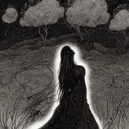 Image similar to The illustration depicts a woman standing in a field of ashes, her dress billowing in the wind. Her hair is wild and her eyes are closed, and she seems to be in a trance-like state. The illustration is dark and atmospheric, and the ashes in the field seem to be almost alive, swirling around. by Charles Vess hyperdetailed