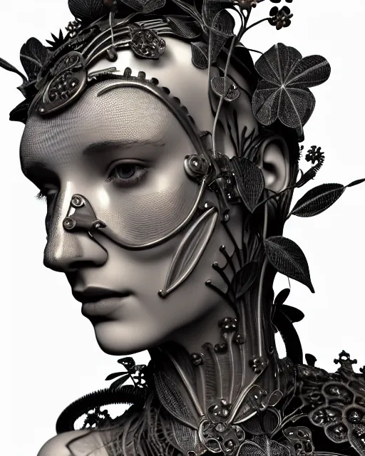 Prompt: monochrome 3 d model, 1 9 1 0 picture, silver mesh floral steampunk biomechanical beautiful young female cyborg with porcelain profile face and a techno eye, volumetric light, leaves foliage and stems, hibiscus flowers, sinuous fine roots, fine foliage lace, alexander mcqueen, rim light, big gothic fashion pearl embroidered collar, octane render, 8 k