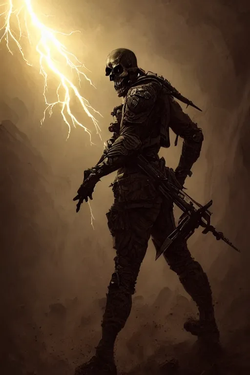 Image similar to full body portrait of an evil soldier, dark magic, skull face, man, heroic pose, full body, dramatic lighting, dark and horror, dust and blood, lightning, intricate, wild, highly detailed, digital painting, artstation, concept art, smooth, sharp focus, illustration, art by artgerm and greg rutkowski and alphonse mucha, footage from space camera