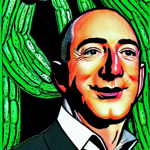 Prompt: jeff bezos is a cucumber, colored ink, moebius illustration art, key art