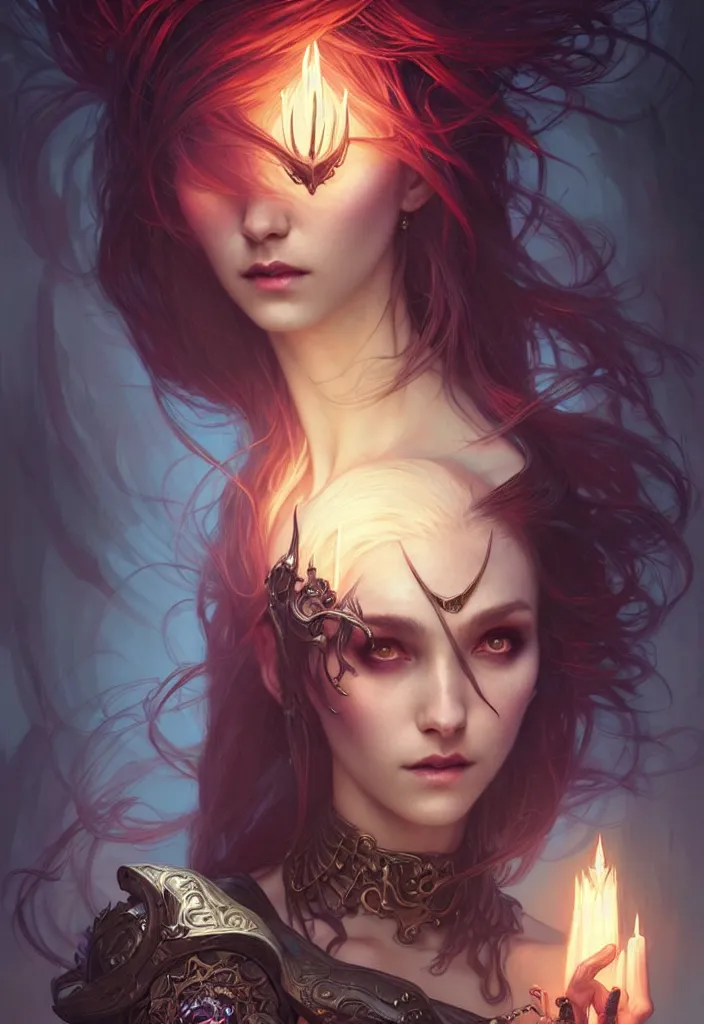 Image similar to Necromancer Sorceress, fantasy magic, undercut hairstyle, dark light night, intricate, elegant, sharp focus, illustration, highly detailed, digital painting, concept art, matte, art by WLOP and Artgerm and Greg Rutkowski and Alphonse Mucha, masterpiece