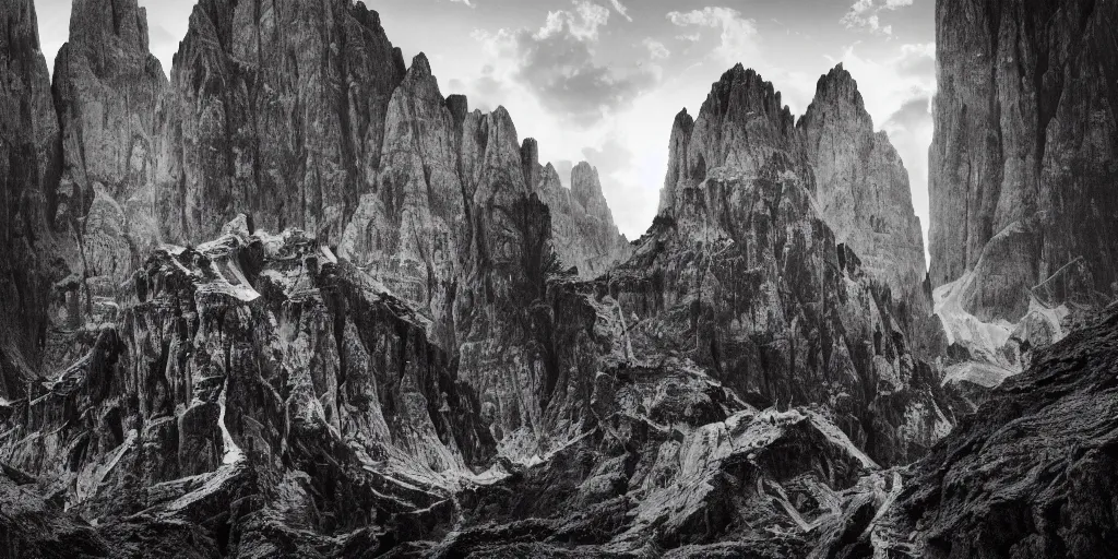 Image similar to photography of dolomites overgrown by roots, dolomites, alpine, detailed intricate insanely detailed octane render, 8k artistic 1920s photography, photorealistic, chiaroscuro, black and white, hd, by David Cronenberg, Raphael, Caravaggio