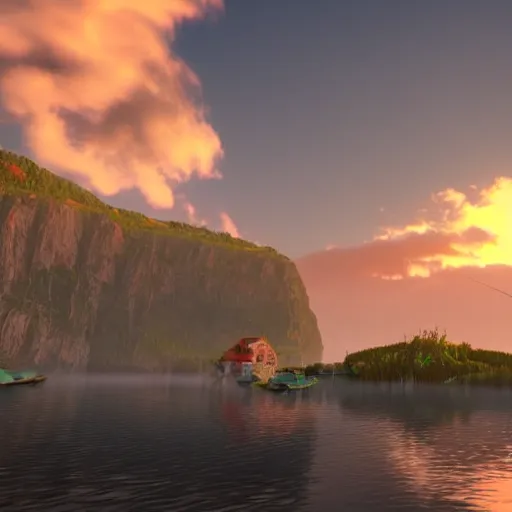 Image similar to a fishing village in a lake with cliffs covered with clouds, golden hour colors and light, epic perspective, wide angle lens, insane graphics unreal engine