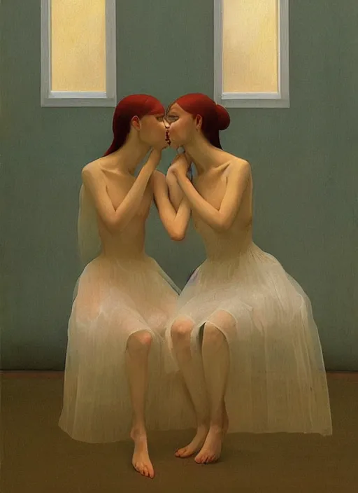 Prompt: two women spherical heads kissing wearing translucent dress made of plastic bags Edward Hopper and James Gilleard, Zdzislaw Beksinski, highly detailed