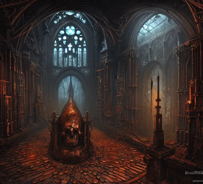 Image similar to steam necropolis, memento mori, gothic, neo - gothic, art nouveau, hyperdetailed copper patina medieval icon, stefan morrell, philippe druillet, ralph mcquarrie, concept art, steampunk, unreal engine, detailed intricate environment, octane render, moody atmospherics, volumetric lighting, ultrasharp, ominous, otherworldly