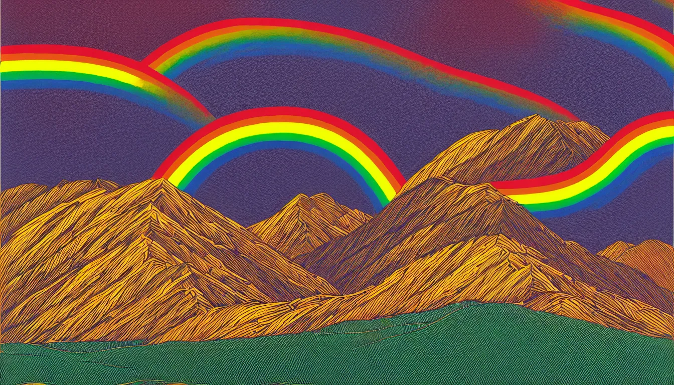 Prompt: rainbow over mountain by dan mumford and peter doig and edward hopper, symmetrical, minimal, black ink, thick lines highly detailed, muted colours 8 k