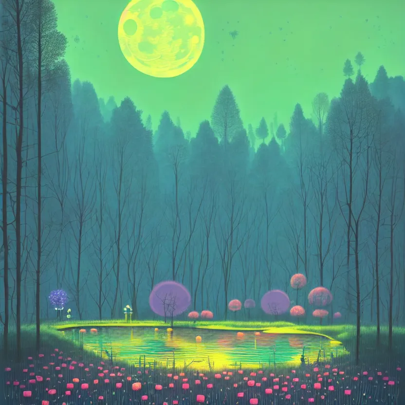 Image similar to ( ( ( gediminas pranckevicius ) ) ), a pond in the forest, moonlight, flower garden summer morning, very coherent and colorful high contrast art by simon stalenhag james gilleard floralpunk screen printing woodblock, dark shadows, pastel color, hard lighting