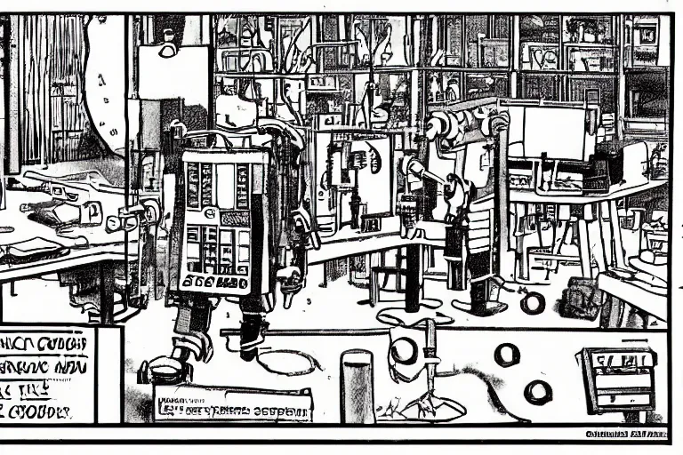 Prompt: a black and white single panel newspaper comic with two scientists building a large robot. comic by gary larson and the new yorker