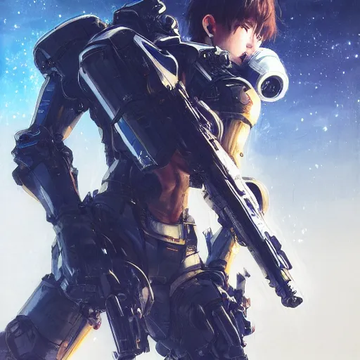 Image similar to award winning, extremely photorealistic, bokeh, beautiful detail, stars in the sky, cybernetic, sci-fi space game art, jeon Jungkook holding a gun. alien planet art by Akihito Yoshitomi AND Yoji Shinkawa AND Greg Rutkowski, Mark Arian trending on artstation