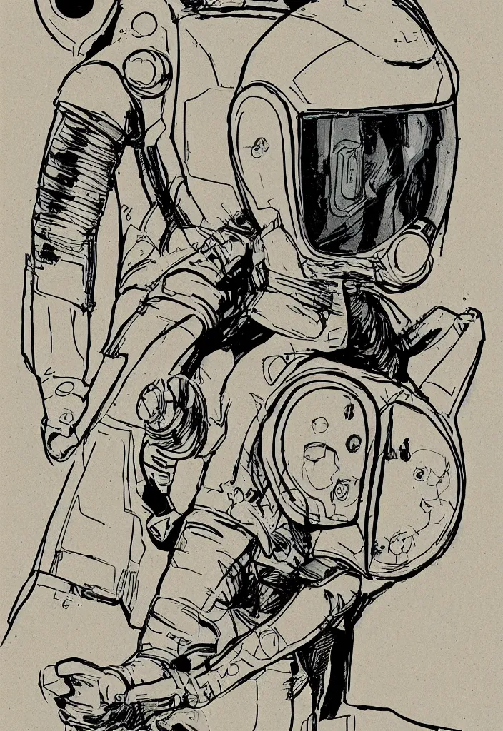 Image similar to male, heroic figure, space suit with a modern helmet, science fiction, sketch, character sheet, very stylized, digital art, illustration on kraft paper, pen and ink, digital painting, by mike mignola, by alex maleev