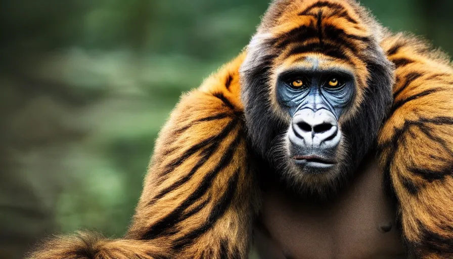 Image similar to a tiger gorilla!!! hybrid! hyper realistic!! realistic lighting!! wildlife photographer of the year!!! bold natural colors, national geographic, hd, wide angle, 8 k