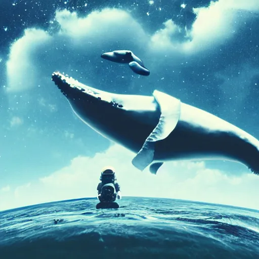 Image similar to astronaut riding on top of floating whale, in undiscovered place, space, exploration, science fiction, fine details, beautiful sky, infinite view, neo