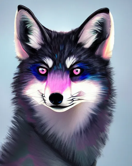 Image similar to black pink green blue white fox looking into the camera, extremely detailed, digital painting, artstation, concept art, smooth, sharp focus, illustration