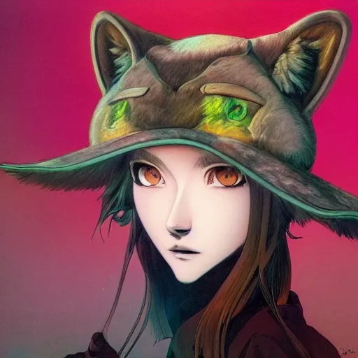 Image similar to prompt : wolf hat character portrait soft light painted by james jean and katsuhiro otomo and erik jones, inspired by evangeleon anime, smooth face feature, intricate oil painting, high detail illustration, sharp high detail, manga and anime 1 9 9 9