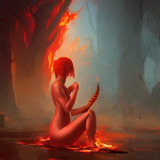 Prompt: a painting of a fire nymph by marc simonetti, high detail, trending on artstation