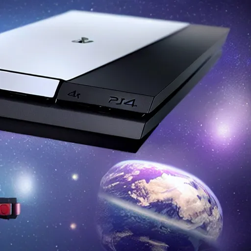 Image similar to a playstation 4 in space wrapped with a ribbon like a present, realistic, detailed, hd photography