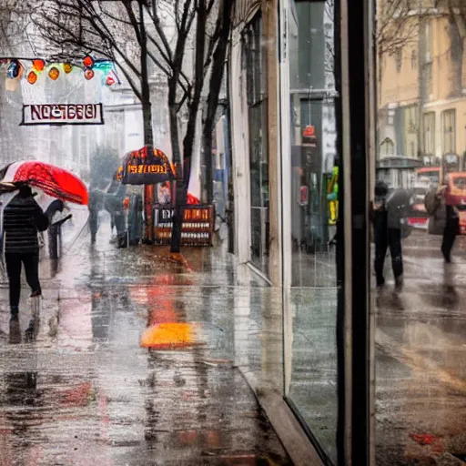 Image similar to in a rainy street, there's a store with a sign that says november