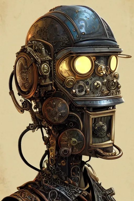 Image similar to steampunk helmet fantasy art mask robot ninja stylized digital illustration sharp focus, elegant intricate digital painting artstation concept art global illumination ray tracing advanced technology chaykin howard and campionpascale and cooke darwyn and davis jack