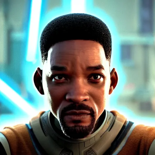 Image similar to will smith as a jedi, starwars, hyper detailed, digital art, trending in artstation, cinematic lighting, studio quality, smooth render, unreal engine 5 rendered, octane rendered