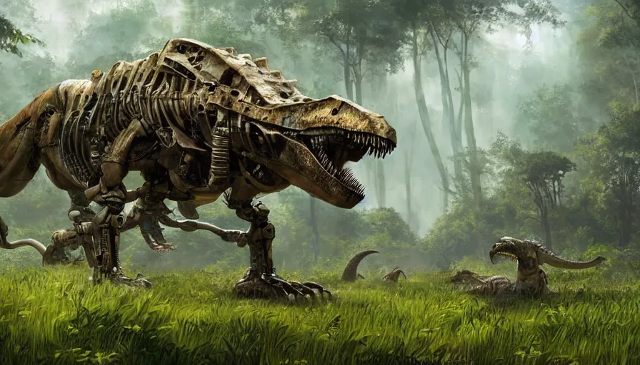 Image similar to A part machine part dinosaur hybrid of a T-Rex strolling along a lush green forest in the style of the playstation 5 game Horizon Zero Dawn world, half robot T-Rex, sci-fi concept art, highly detailed, oil on canvas by James Gurney