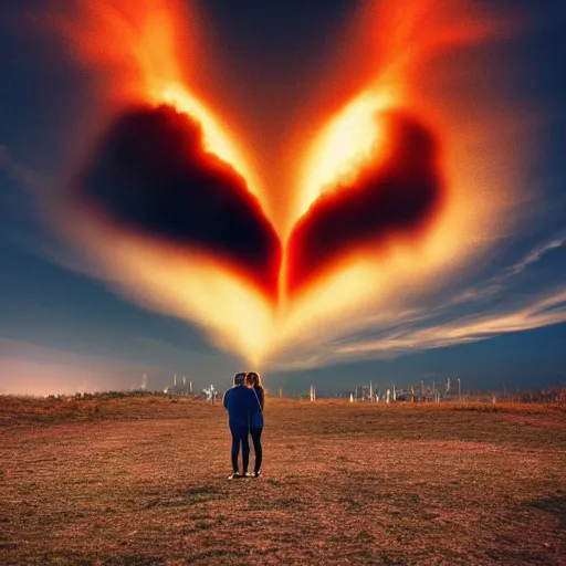 Prompt: a cloud in the shape of a heart from a nuclear explosion, people in foreground are kissing, sports photography, 8k, cinematic lighting, professional photograph