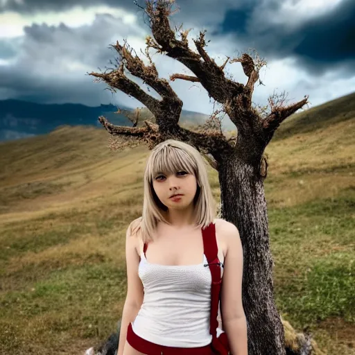 Image similar to misa amane standing near a beautiful landscape, mountain with a dead tree in the background, sunset with cloudy skies, in a different realm, award winning dslr photography, clear image, global illumination, radiant lighting, intricate environment