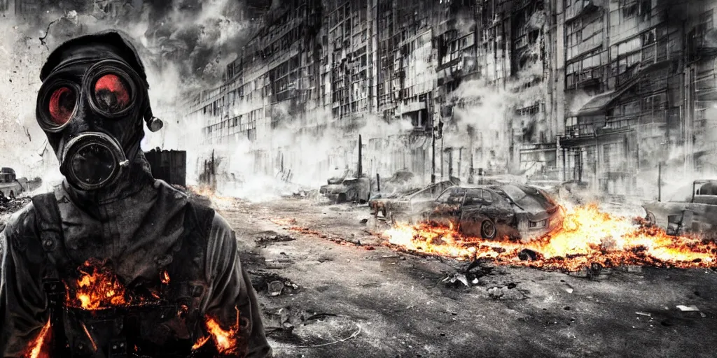 Prompt: post - apocalyptic city streets, close - up shot of an anarchist with a gasmask, burning cars, explosions, hyperrealistic, gritty, damaged, dark, urban photography, photorealistic, high details