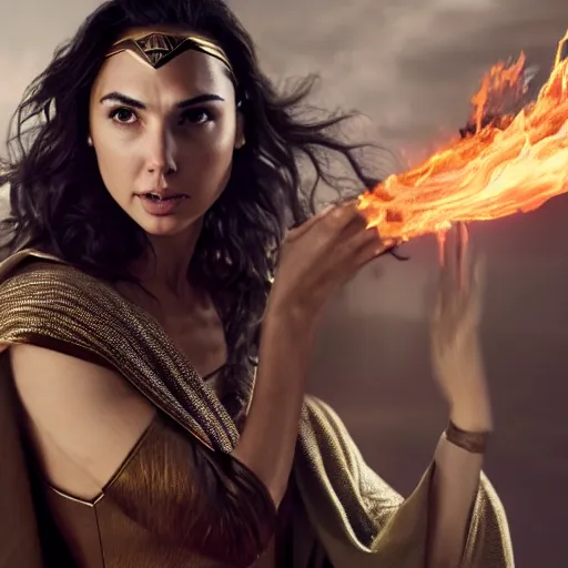 Image similar to gal gadot as a wizard with a robe casting fire spells, depth of field, zeiss lens, detailed, symmetrical, centered, fashion photoshoot, by Annie Leibovitz and Steve McCurry, David Lazar, Jimmy Nelsson, Breathtaking, 8k resolution, extremely detailed, beautiful, establishing shot, artistic, hyperrealistic, beautiful face, octane render