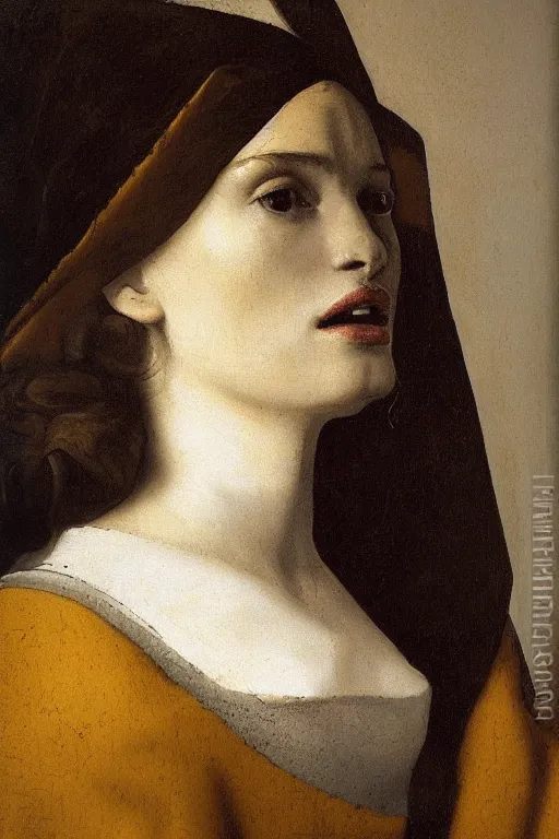 Prompt: portrait en buste of rachel weisz by johannes vermeer